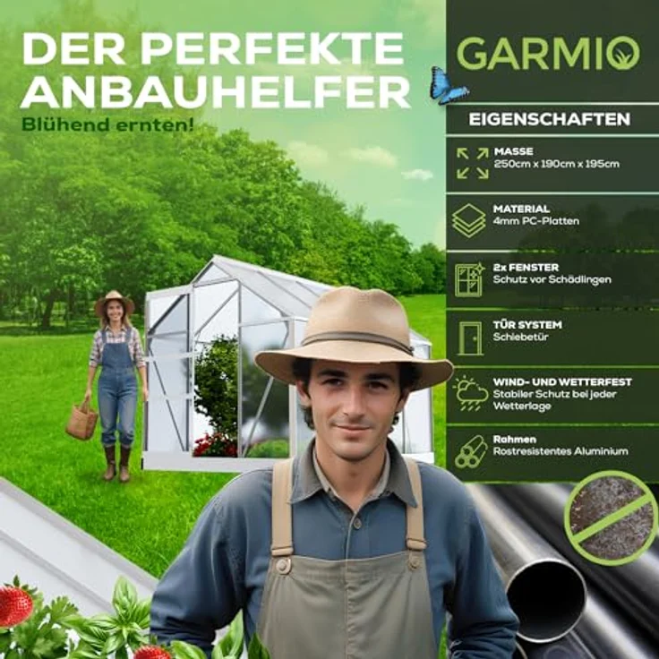 GARMIO® Gewächshaus Neapel 250x190cm Alu Frühbeet, 2 Dachfenster Treibhaus Tomatenhaus 4,75m² UV-Schutz – Bild 2
