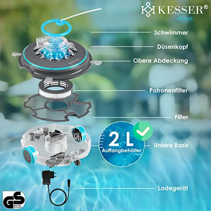 KESSER® Poolroboter Poolreiniger Akku Aqua-9000 inkl. Transporttasche Pool Roboter für bis 80m² Pools, Li-Ion Akku max. 75 min, Kabellos Poolsauger Bodenreinigung Vollautomatisch Bodensauger Anthrazit – Bild 5