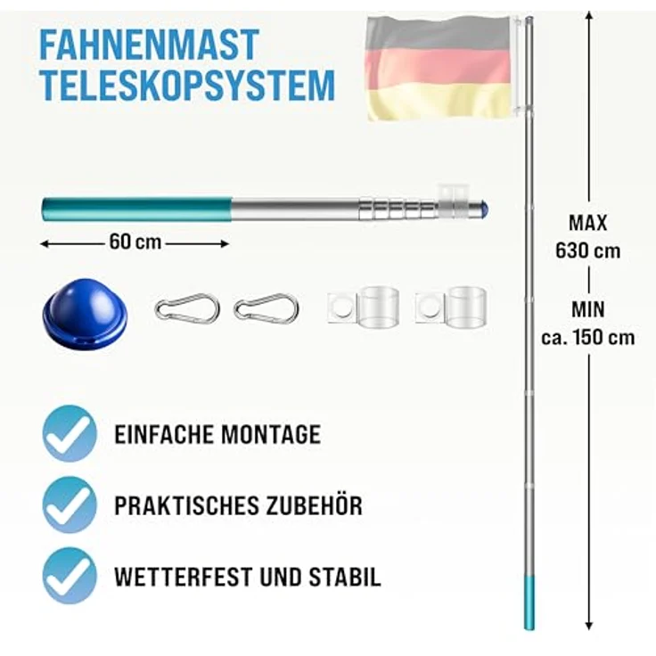 Fahnenmast Aluminium Teleskop 630cm Bodenhülse 60cm inkl. Deutschlandfahne Flaggenmast Mast Flagge Alu – Bild 6