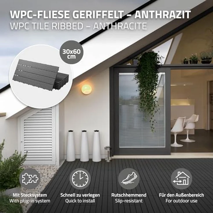 ECD Germany WPC Terrassenfliesen 60x30 cm 12er Spar Set für 2m² Anthrazit in Holzoptik für Garten Balkon Bodenbelag mit Drainage und Klicksystem Terrassendielen Balkonfliesen Klickfliesen Holzfliesen – Bild 3