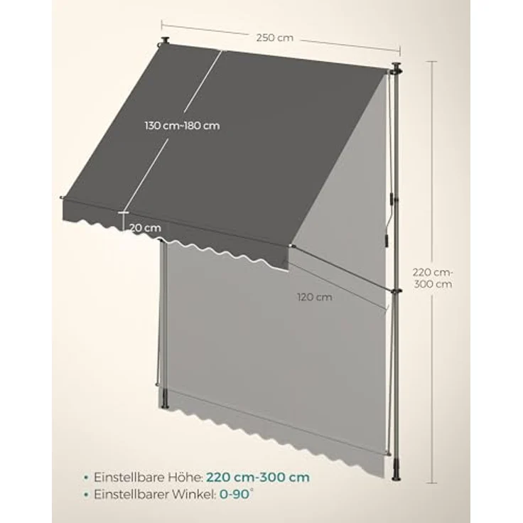 SONGMICS Klemmmarkise, höhenverstellbar, mit Handkurbel, UV-Schutz, 250 x 120 cm, anthrazit – Bild 5