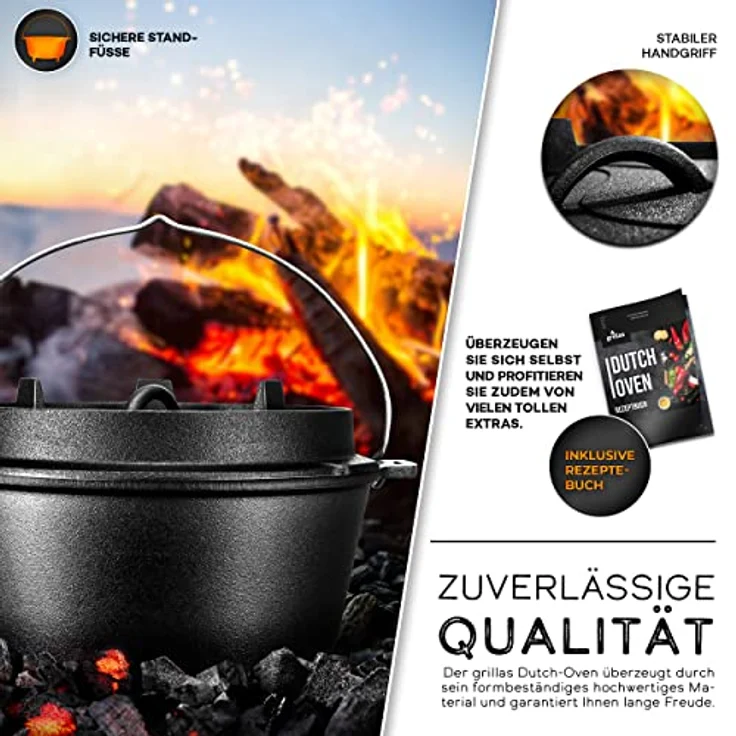 grillas Dutch Oven Set 4,2 Liter - Topf mit Füße Deckelheber BBQ Gusseisen Feuertopf Gusstopf Schmortopf – Bild 6