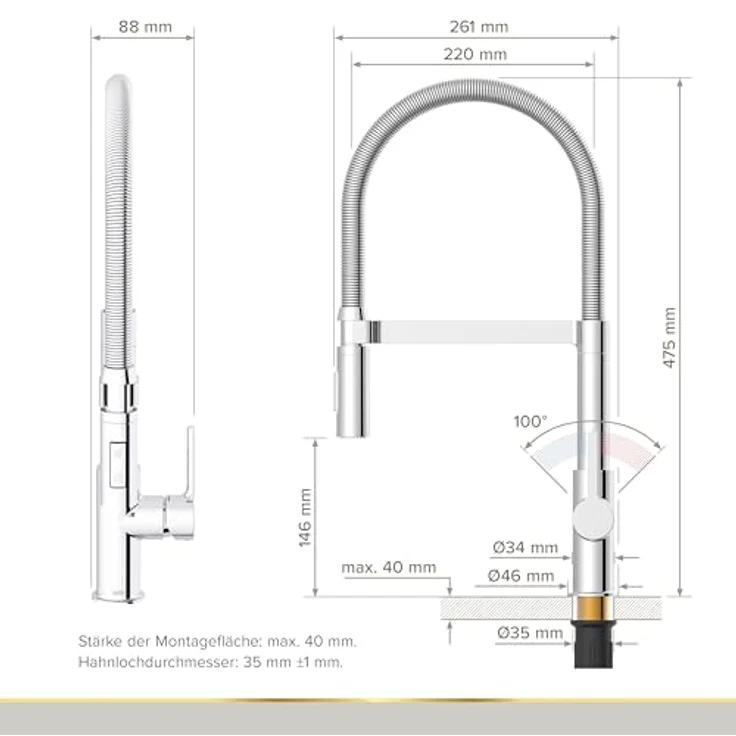 Lenz Küchenarmatur ALUNA, Chrom, flexible Geschirrbrause mit 2 Strahlarten, 360° Schwenkfunktion, nickelfrei – Bild 3