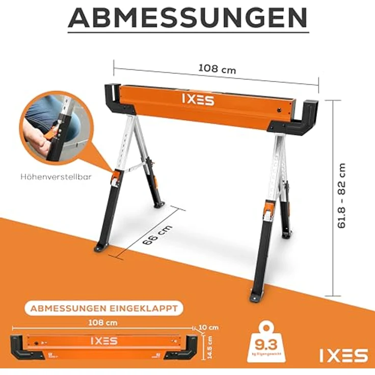 IXES Arbeitsbock höhenverstellbar | Profi Sägebock | 2 Arbeitsböcke | max. 1200 kg Traglast | Arbeitshöhe 618-820 mm | Metall Klappbock | Anti-Rutsch-Beschichtung | Metallbock, Unterstellbock - Preisvergleich – Bild 5