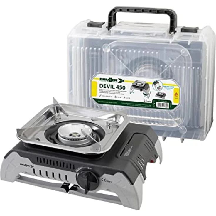 Brunner Campingkocher, tragbarer Gaskocher mit klappbaren Beinen, 2,4 kW Leistung, inkl. Kunststofftransportbox, Edelstahl-Rost – Bild 6