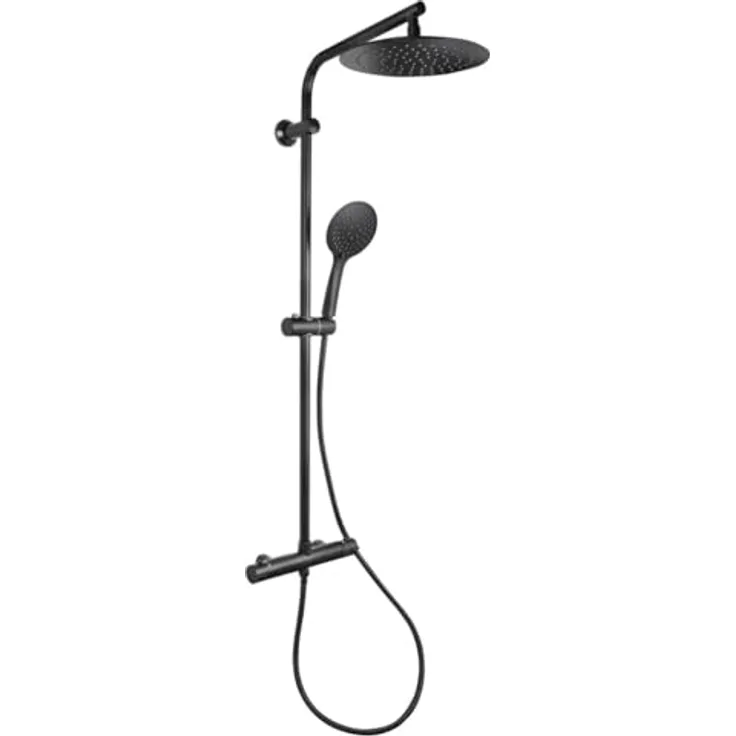 Differnz Thermoline Runde Regendusche, Duschkopf 25x25 cm, Duschset mit 150 cm Duschschlauch und Handbrause, matt Schwarz