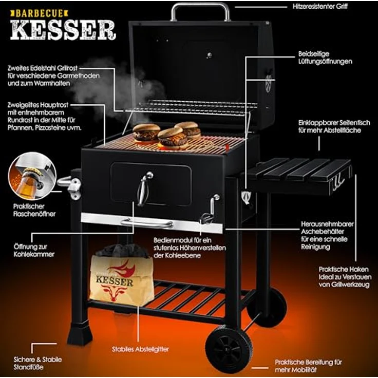 KESSER® Grill Grillwagen XL Holzkohlegrill mit Deckel, Rädern, Edelstahl-Griff, Abdeckhaube und Thermometer in Schwarz, BBQ Barbeque für Camping und Garten – Bild 3