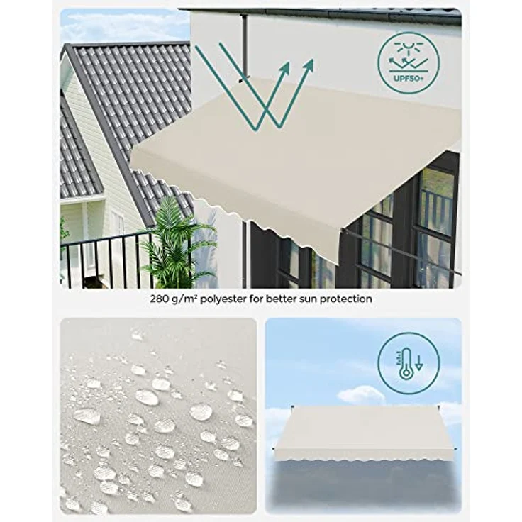 SONGMICS Klemmmarkise, 300 x 130 cm, Balkonmarkise, höhenverstellbar, mit Handkurbel, Sonnenschutz, für Balkon, Terrasse, Garten, beige GSA313M02 – Bild 4