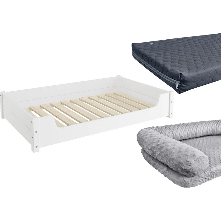 ERST-HOLZ Tierbett Hundesofa XXL für Dogge, Bernhardiner 120x70 Kiefer weiß, mit Rollrost und Matratze, graue Kissenrolle - Haustier Schlafplatz – Bild 1