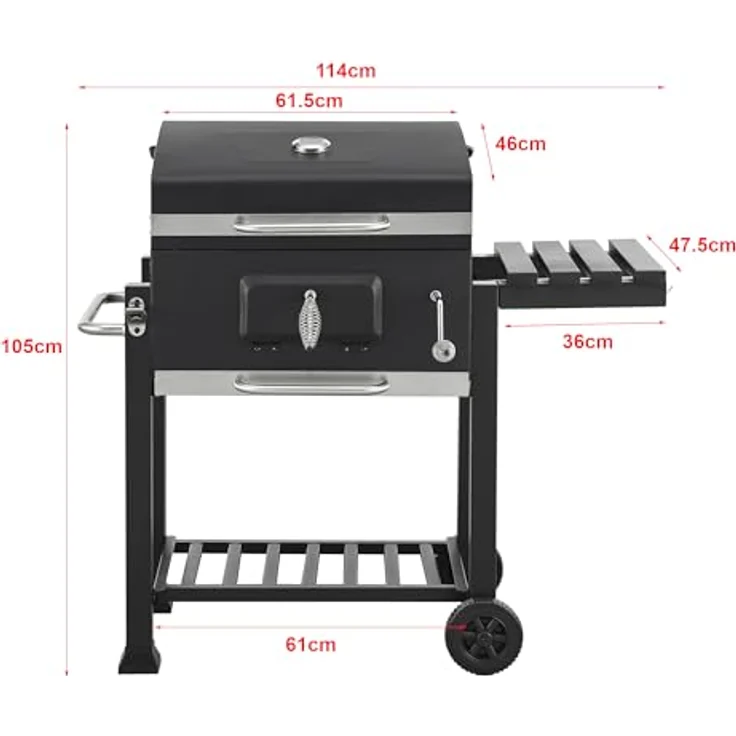 casa.pro Grillwagen Arnad Holzkohlegrill mit Deckel BBQ Kohlegrill mit Grillrosten Gartengrill 2 Räder Deckelthermometer aufklappbare Ablagen 105x114x47,5cm Schwarz – Bild 5