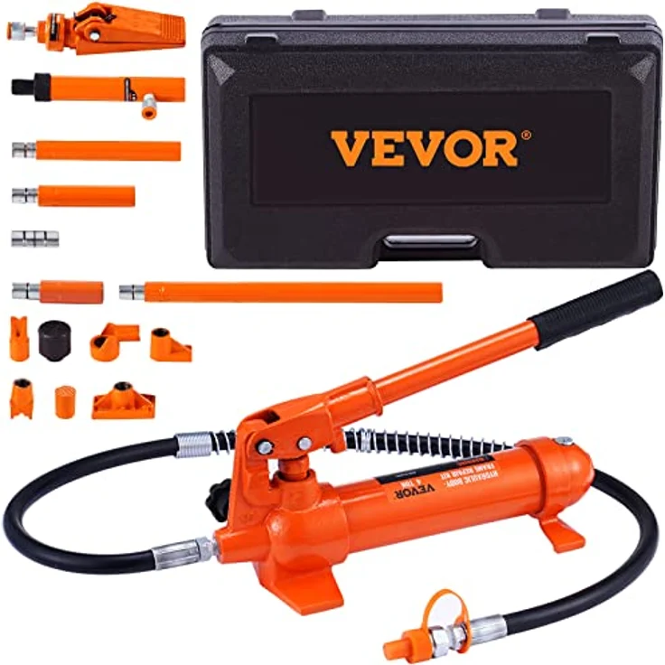 VEVOR Manuelle Hydraulikpumpe 4t, Handpumpen-Schlauchkupplung mit 125 mm Hub, inkl. 4 Verlängerungsstangen und tragbarem Werkzeugkoffer, rot – Bild 1