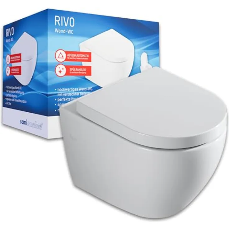 sanicomfort Hänge WC Rivo, spülrandloses Wand-WC Set in glänzendem Weiß, Softclose Absenkautomatik, Tiefspüler, Duroplast WC-Sitz, verdeckte Befestigung, hygienisch & pflegeleicht, platzsparend