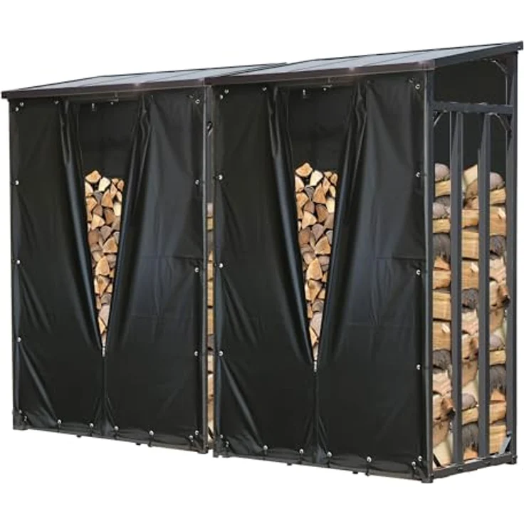 QUICK STAR Kaminholzregal Set, 2 Stück Metall, 130 x 70 x 185 cm, wetterfest mit Wetterschutz Schwarz, 3,2 m³ Kapazität, Anthrazit – Bild 1
