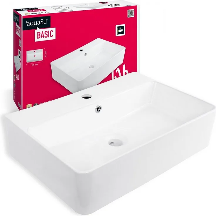aquaSu Waschbecken Amico (Hänge-Waschtisch, 1-St), 60 cm, Keramik, Weiß, Überlauf, Hahnloch mittig