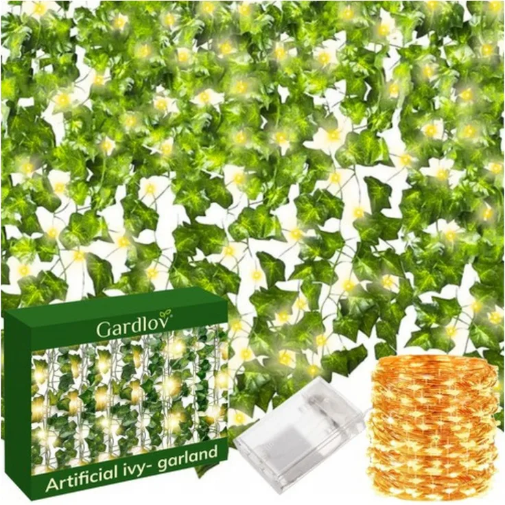 Gardlov Künstliche Zimmerpflanze Efeu mit LED-Hintergrundbeleuchtung, 500 cm, pflegeleicht, grün