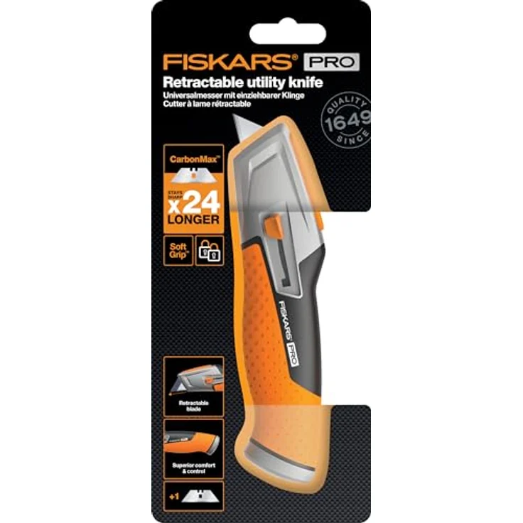 Fiskars Universalmesser mit einziehbarer Klinge, Länge 17,7 cm, Rostfreier Stahl-Kunststoff, Schwarz-Orange, CarbonMax, 1027223 – Bild 6