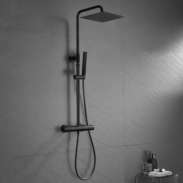 JOHO Thermostat Duschset, wassersparendes Duschsystem mit XL Kopfbrause 25x25cm, Thermostatarmatur und Handbrause, Edelstahl, matt schwarz – Bild 1