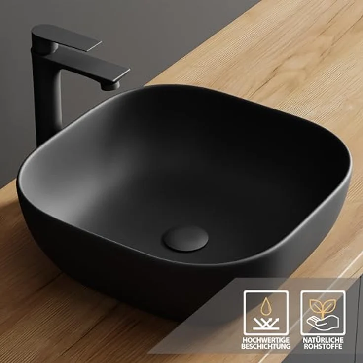 Planetmöbel Aufsatzwaschbecken Aquil, Keramik Waschbecken 42 cm, quadratisch, schwarz, ohne Hahnloch und Überlauf – Bild 4
