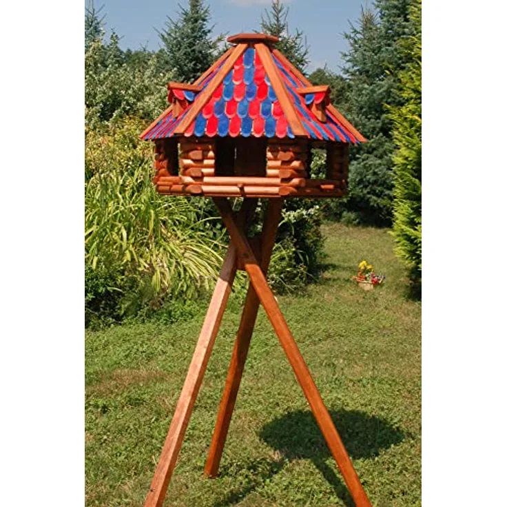 Deko-Shop-Hannusch XXL Luxus Vogelhaus mit Solarbeleuchtung absoluter Blickfang, Vogelfutterhaus aus Holz, V13 XXL mit Ständer, Farbe:Blau - Rot