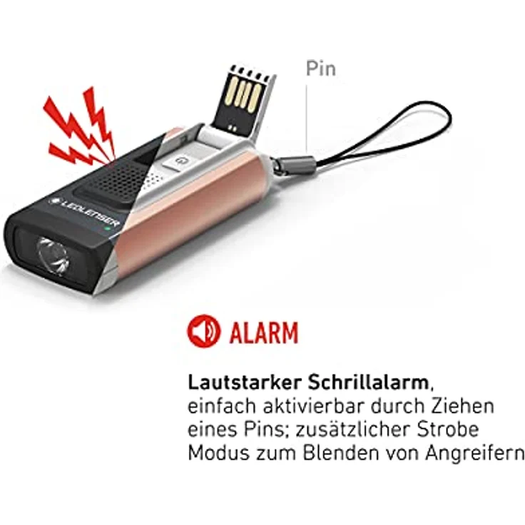 Ledlenser K6R Safety, kompakte Schlüsselbundleuchte, 400 Lumen, wiederaufladbar, mit USB-A-Schnittstelle, mit Schrillalarm-Funktion (Grau) – Bild 4