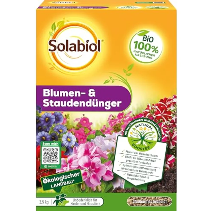 Solabiol Blumen- & Staudendünger, Spezialdünger mit Sofort- und Langzeitwirkung für Blumen, Stauden und Blütensträucher, 2,5 kg, organisch-mineralisch mit Wurzelaktivator Osiryl – Bild 1