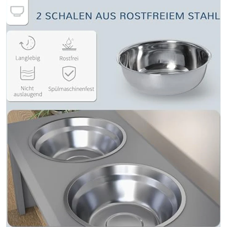 PawHut Hundenapf mit 2 Näpfe, 2 L Futterschüssel, erhöhter Katzen Futternapf, Pflegeleicht, Edelstahl Grau, 58,4 x 30,5 x 25,4 cm – Bild 4