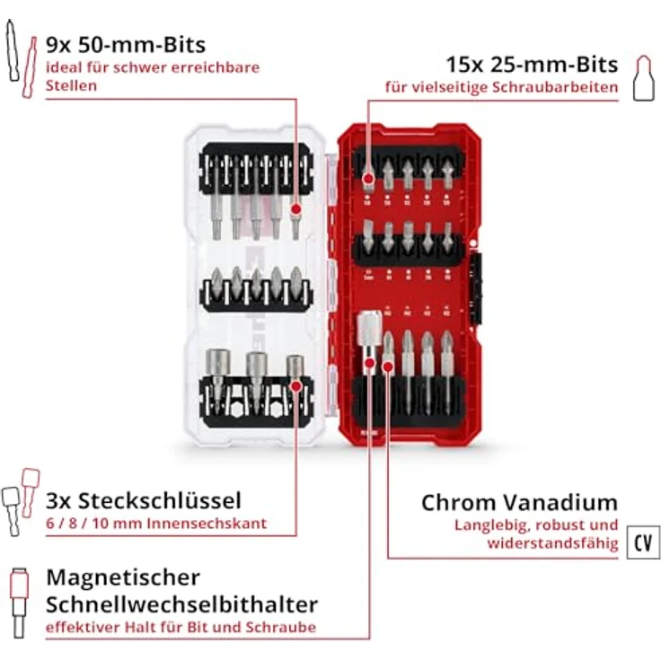 Einhell S-Case Bit-Set 28-tlg., mit 15 Bits 25 mm und 9 Bits 50 mm aus Chrom Vanadium Stahl, inklusive 3 Hexagonal-Stecknüssen und Schnellwechselbithalter – Bild 4
