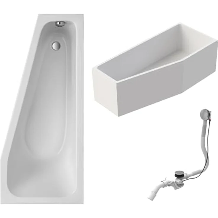 Schulte Raumsparbadewanne Riva, rechte Version, 170x75 cm, Weiß Sanitäracryl, inkl. Hartschaum-Wannenträger + Ab- und Überlauf – Bild 1