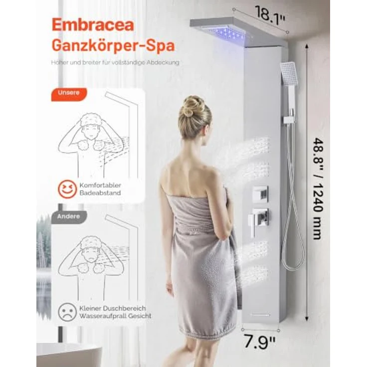 VEVOR Duschpaneel-Turmsystem mit 5 Modi, Regenwasserfall-Duschkopf und LED, 1345 mm, gebürsteter Edelstahl, Handbrause & 4 Körperbrausen, wandmontierbar – Bild 2