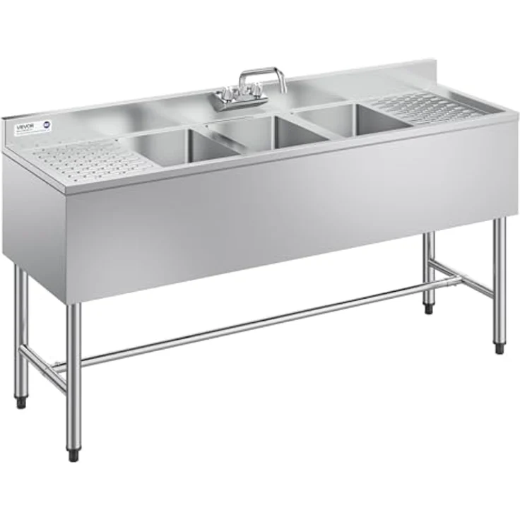VEVOR Edelstahl Spülbecken mit 3 Becken & 2 Abtropfflächen, Spritzschutz, Wasserhahn, 1524 x 470 x 838 mm, für Restaurants und Privaten Gebrauch – Bild 1