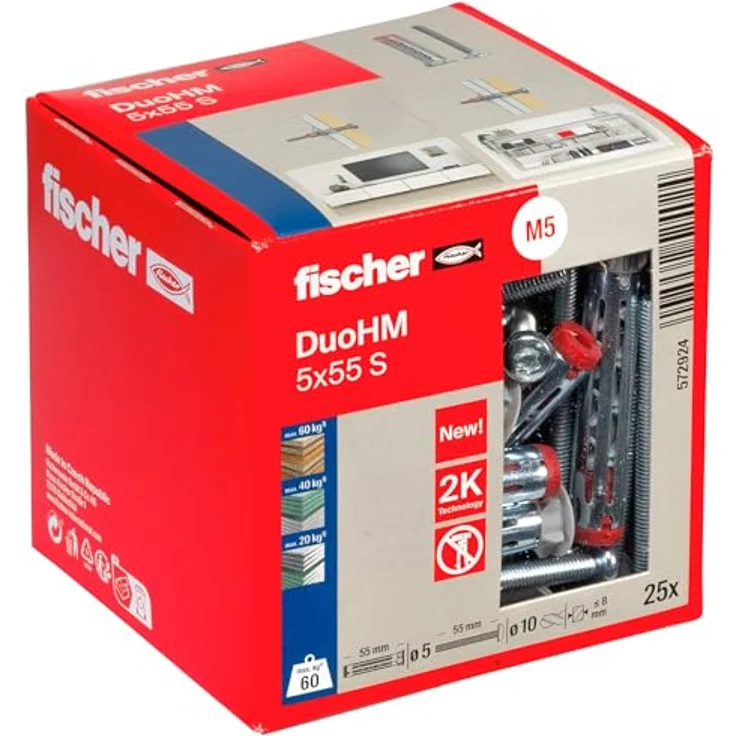 fischer Hohlraumdübel DuoHM 5 x 55 S TX, Plattendübel, metrische Panheadschraube, TX-Antrieb, 25 Stück – Bild 1
