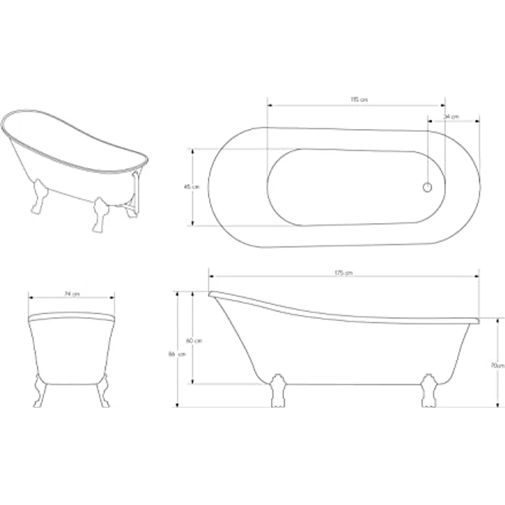 Bernstein Badewanne PARIS PREMIUM, freistehende Acrylwanne in Gold, 175 cm x 74 cm, oval mit Metallfüßen – Bild 8