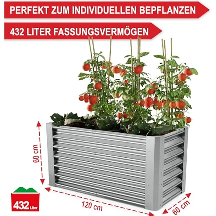 Onbest Metall Hochbeet XXL, stabil und wetterfestes Gemüsebeet/Kräutergarten aus Stahl, Silber, 120x60x60cm, pflegeleicht mit Zubehör – Bild 2