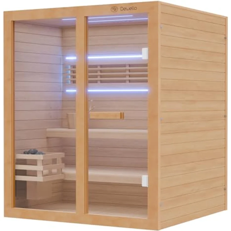 Dewello Sauna TOFINO 160x150 Finnische Sauna, 3 Personen, Saunaofen Harvia 4,5KW, Hemlock-Tannenholz, leichter Aufbau – Bild 4