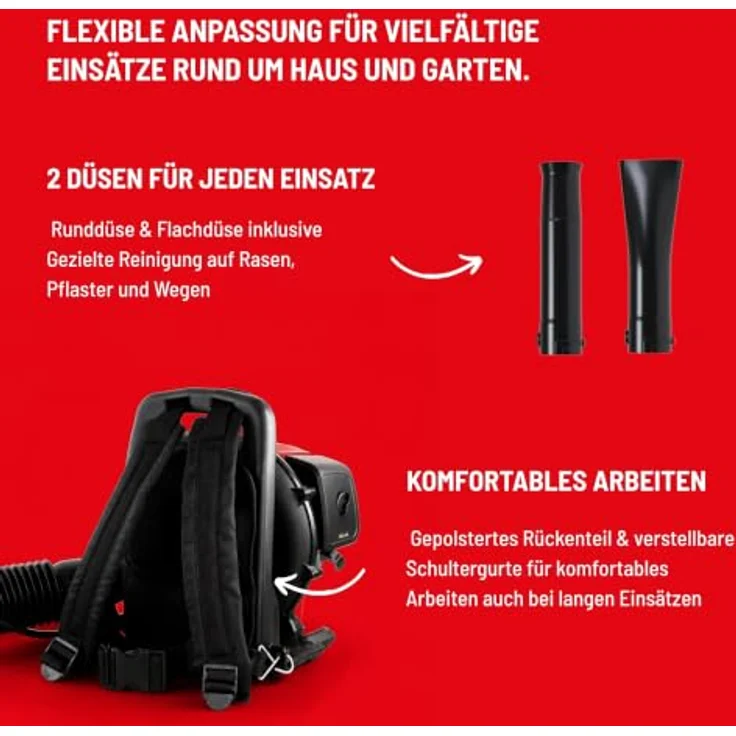 Güde Benzin Rückenlaubbläser GRLB 1450-52 - 2-Takt-Motor 1,45 kW, 52 cm³, Joystick-Steuerung, stufenlose Luftregulierung, 281 km/h Blasgeschwindigkeit, gepolstertes Rückenteil, Rund- und Flachdüse – Bild 4