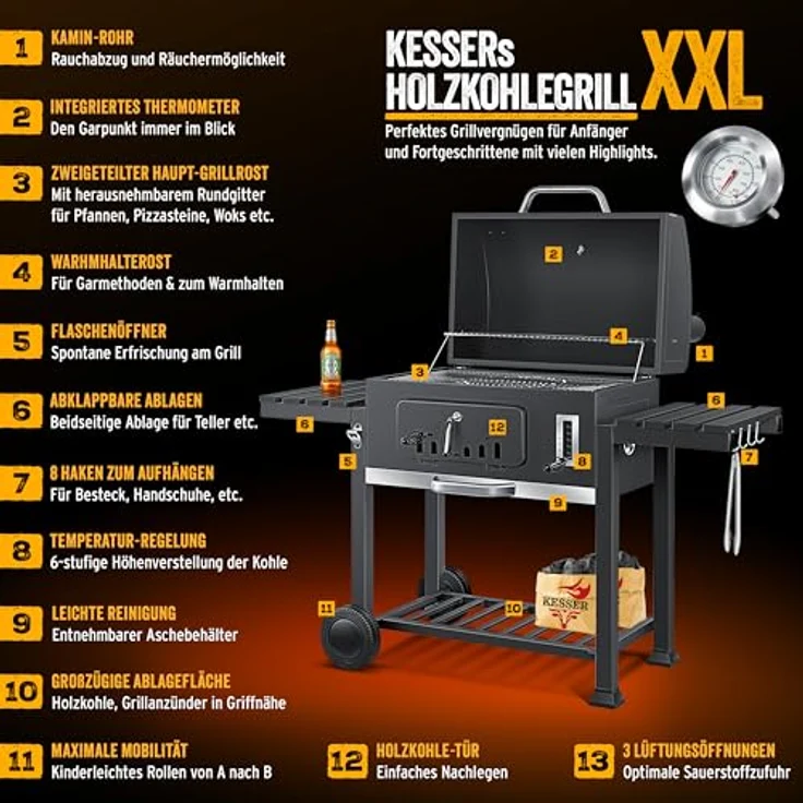 KESSER® Grill Grillwagen XXL Holzkohlegrill mit Deckel, Rädern, Edelstahl-Griff, Thermometer - Kohle BBQ Barbeque Camping, Terrasse, Garten (Schwarz) – Bild 3