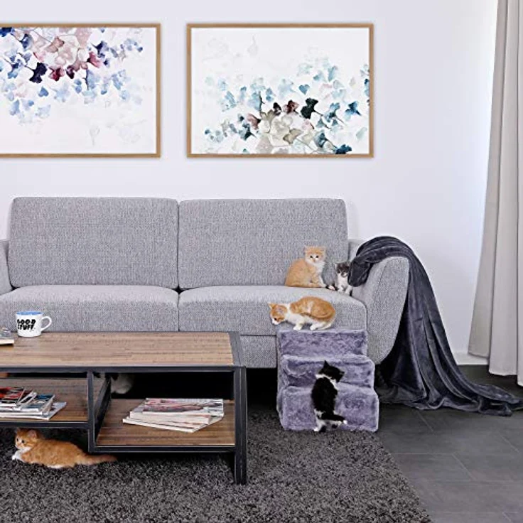 lionto Haustiertreppe Katzentreppe Hundetreppe mit Plüschbezug 46x36x34 cm, hellgrau – Bild 2