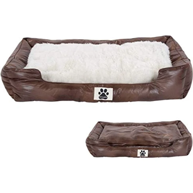 M&L Handel DeluxePet 'Schlummer' Hundebett braun 80x60 aus Kunstleder mit 2in1 Wendekissen, Hundekissen für große Hunde mit Einer Fell und Leder Seite, Seiten weich gepolstert, Anti-Rutsch Rückseite – Bild 1