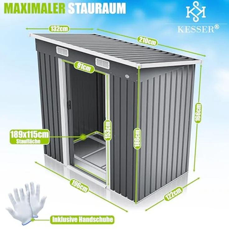 KESSER® Gerätehaus L Metall 4 m³ mit Fundament und 2X Schiebetür | 210x122x186 cm | Gartenhaus Schrank in Grau – Bild 4