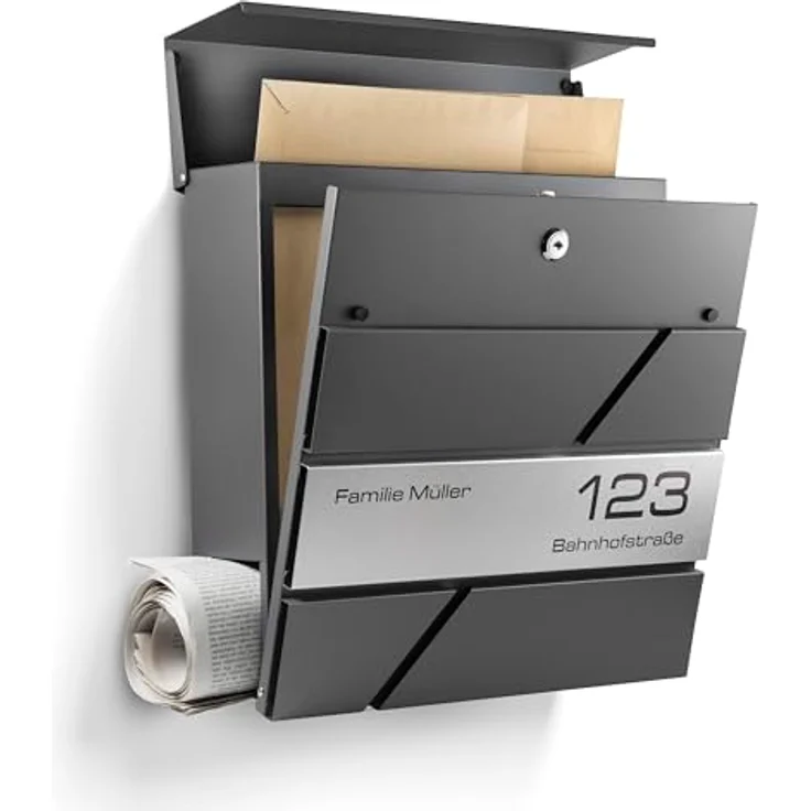 NewHabitat Moderner Briefkasten Anthrazit mit Zeitungsfach und Edelstahl Namensschild - Rostfrei und UV-beständig, inkl. Montagematerial – Bild 1