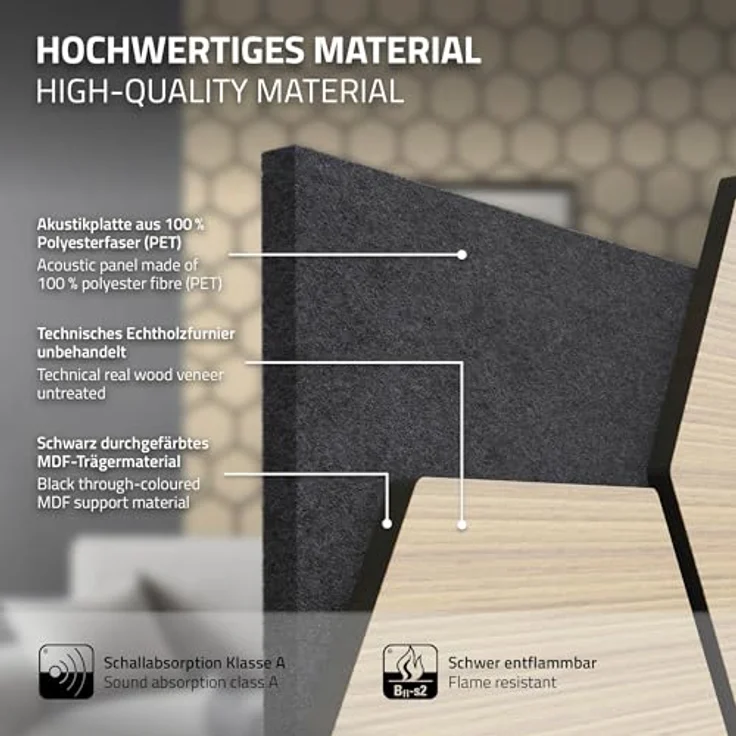 ML DESIGN 2er Set Akustikpaneele 66x81x2cm, Hexagon-Holzoptik in Eiche, MDF-Schallabsorber mit hervorragender Geräuschdämmung für Büro und Studio – Bild 5