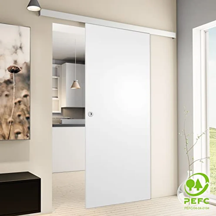 inova Schiebetür Holz Komplettset weiß 755 x 2035 mm Schienensystem mit Alu Laufschiene inkl. Beschlagset und Quadratgriff – Bild 2