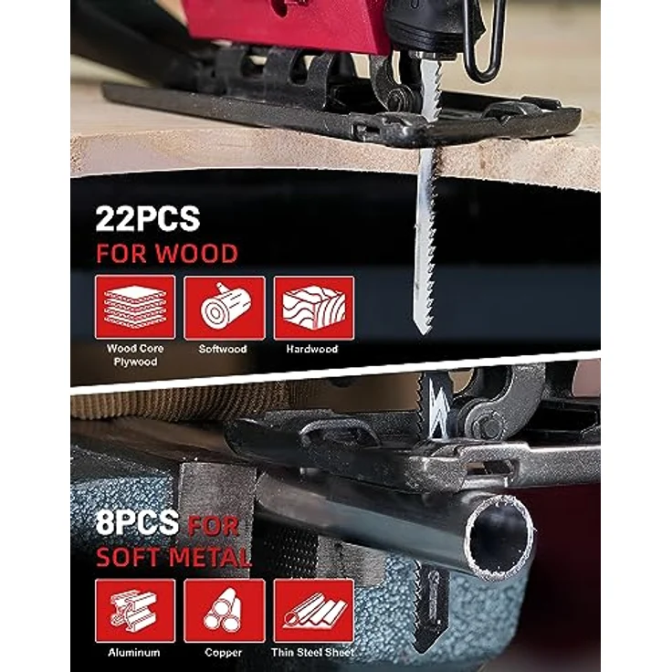 EZARC Stichsägeblatt Set 30tlg, T-Schaft Stichsägeblätter aus CRV/HSS für Holz, Kunststoff und Metall, mit Aufbewahrungskoffer – Bild 5