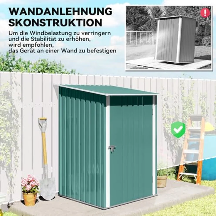 Outsunny Metall Gerätehaus, Geräteschuppen 0,92 m² mit Pultdach und abschließbarer Tür, grün, für Garten und Außenbereich – Bild 5