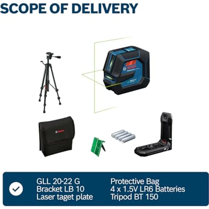 Bosch Professional Linienlaser GLL 20-22 G, Dual Power Source, grüner Laser, IP65, mit Akku und Batterien, inkl. Baustativ und Universalhalter – Bild 6