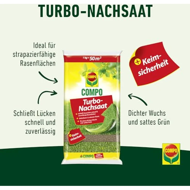 Compo Turbo Nachsaat, Rasensamen, Schließt schnell Lücken, Keimsicherheit, 1 kg, 50 m² – Bild 2