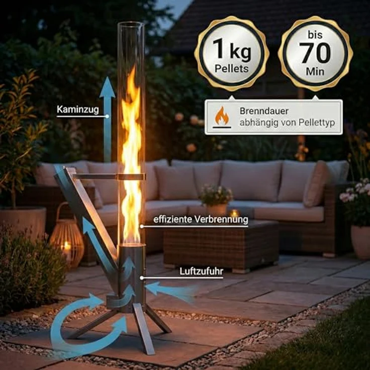 Albatros International Gartenkamin Pelletfackel Edelstahl mit Glasrohr, Rocket Stove System, effiziente Verbrennung bis 70 Minuten, inkl. Standfuß – Bild 4