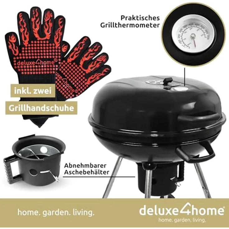 deluxe4home® Kugelgrill mit Deckel Ø55 cm Schwarz I Rollbarer BBQ-Grill mit Aschebehälter & Grillhandschuh – Bild 2