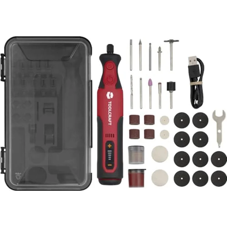 TOOLCRAFT Graviergerät, handgeführtes Rotationswerkzeug mit 32 Zubehörteilen, 7.2 V Akku, LED-Licht und USB-Ladeanschluss im Koffer – Bild 3