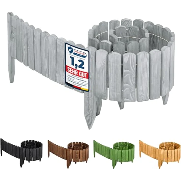 Garronda Beeteinfassung Rollborder aus Holz, flexibel 200 x 40 cm, Gartenzaun zum Stecken, grau – Bild 1
